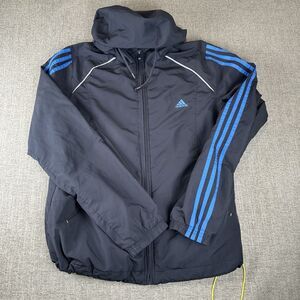 Adidas Full Zip Hooded Windbreaker Lined Mesh Blue Stripes Womens Large
